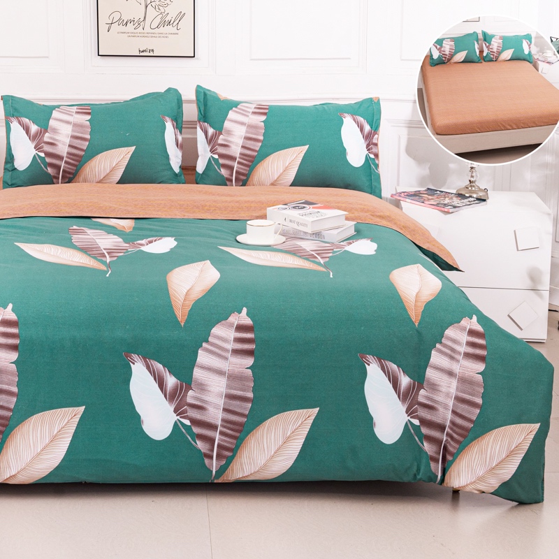 (OFERTA 3 la 219 Lei) Lenjerie pat dublu cu Elastic (160x200cm si 180x200cm), bumbac satinat, Verde, Frunze