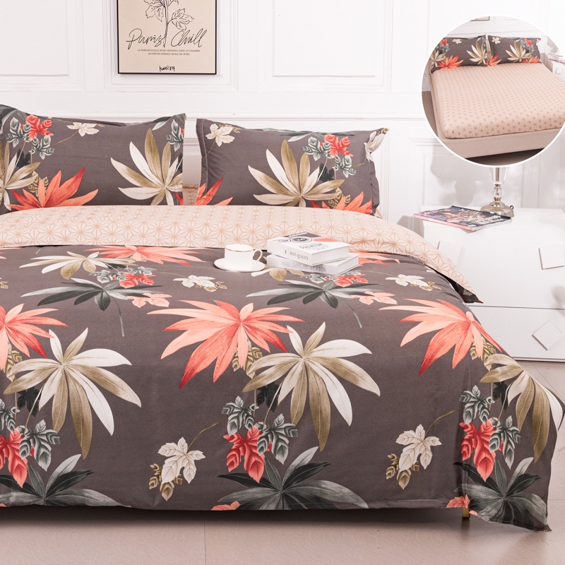 (OFERTA 3 la 219 Lei) Lenjerie pat dublu cu Elastic (160x200cm si 180x200cm), bumbac satinat, Maroniu, Frunze Tomnatice