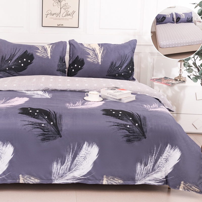 (OFERTA 3 la 219 Lei) Lenjerie pat dublu cu Elastic (160x200cm si 180x200cm), bumbac satinat, Gri, Pene