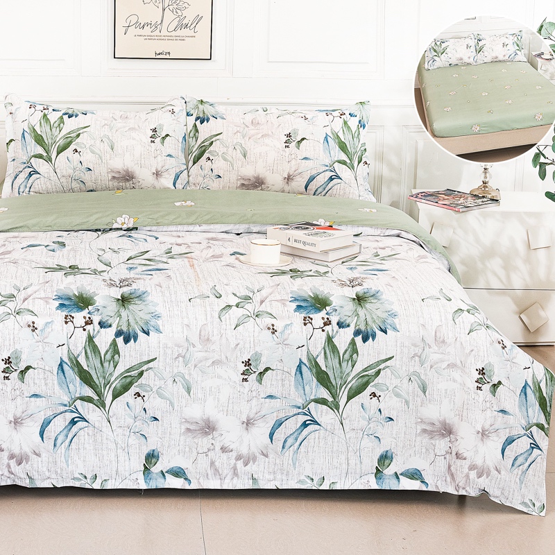 (OFERTA 3 la 219 Lei) Lenjerie pat dublu cu Elastic (160x200cm si 180x200cm), bumbac satinat, Alb, Verde, Flori