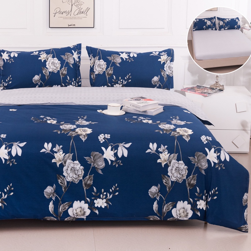 (OFERTA 3 la 219 Lei) Lenjerie pat dublu cu Elastic (160x200cm si 180x200cm), bumbac satinat, Albastru, Flori