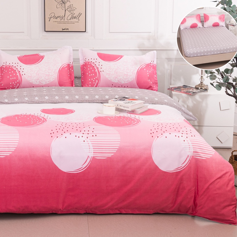 (OFERTA 3 la 219 Lei) Lenjerie pat dublu cu Elastic (160x200cm si 180x200cm), bumbac satinat, Roz, Buline