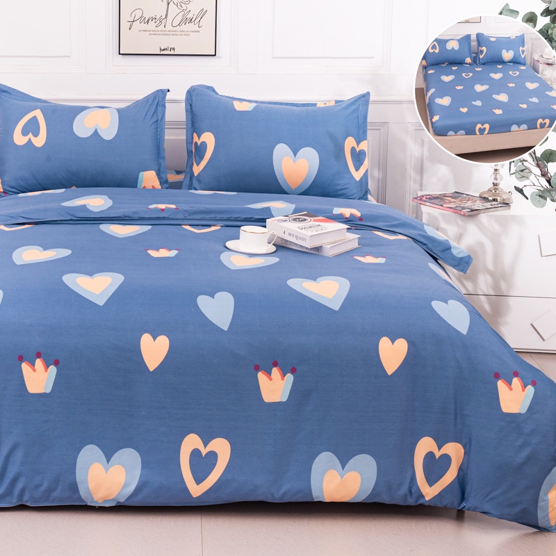 (OFERTA 3 la 219 Lei) Lenjerie pat dublu cu Elastic (160x200cm si 180x200cm), bumbac satinat, Albastru, Inimioare