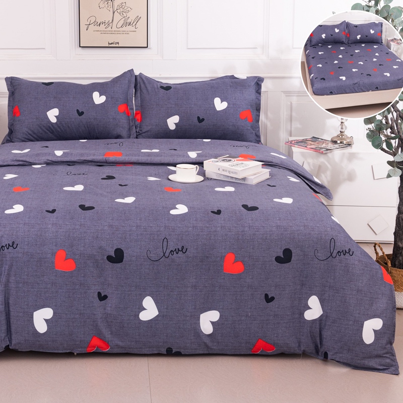 (OFERTA 3 la 219 Lei) Lenjerie pat dublu cu Elastic (160x200cm si 180x200cm), bumbac satinat, Gri, Inimioare