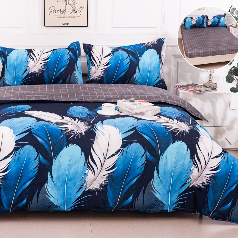 (OFERTA 3 la 219 Lei) Lenjerie pat dublu cu Elastic (160x200cm si 180x200cm), bumbac satinat, Albastru, Pene