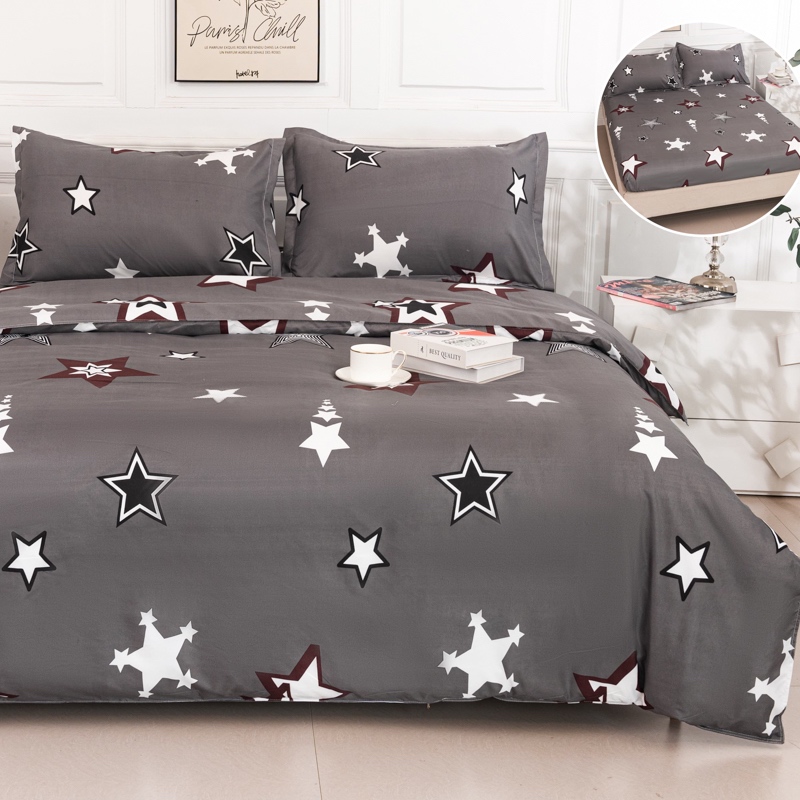 (OFERTA 3 la 219 Lei) Lenjerie pat dublu cu Elastic (160x200cm si 180x200cm), bumbac satinat, Gri, Stelute
