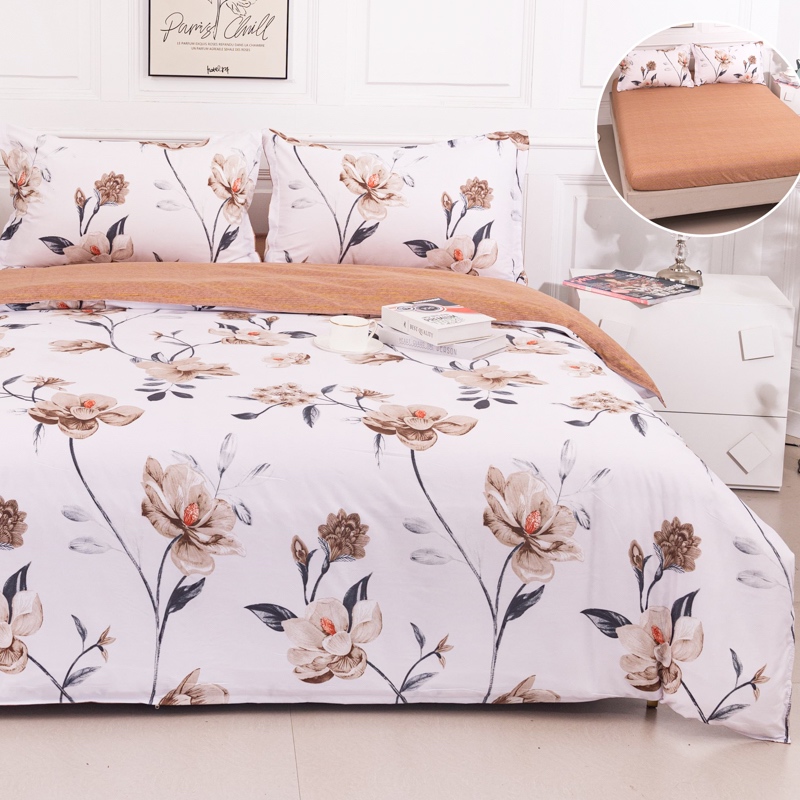 (OFERTA 3 la 219 Lei) Lenjerie pat dublu cu Elastic (160x200cm si 180x200cm), bumbac satinat, Alb, Bej, Flori
