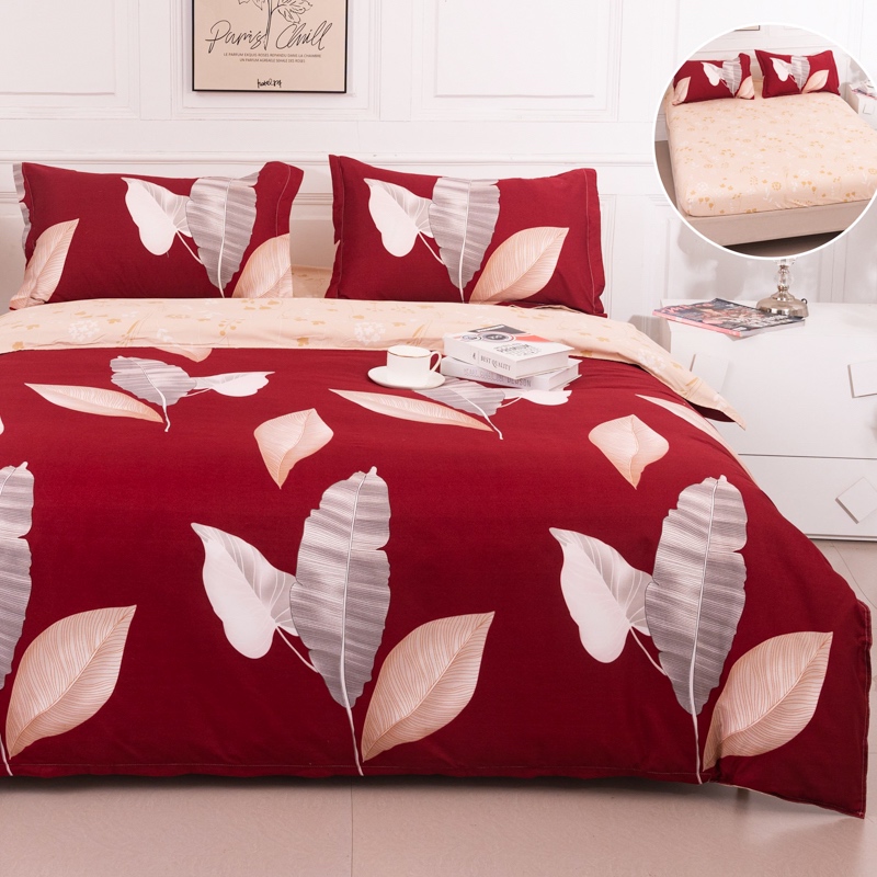 (OFERTA 3 la 219 Lei) Lenjerie pat dublu cu Elastic (160x200cm si 180x200cm), bumbac satinat, Rosu, Frunze