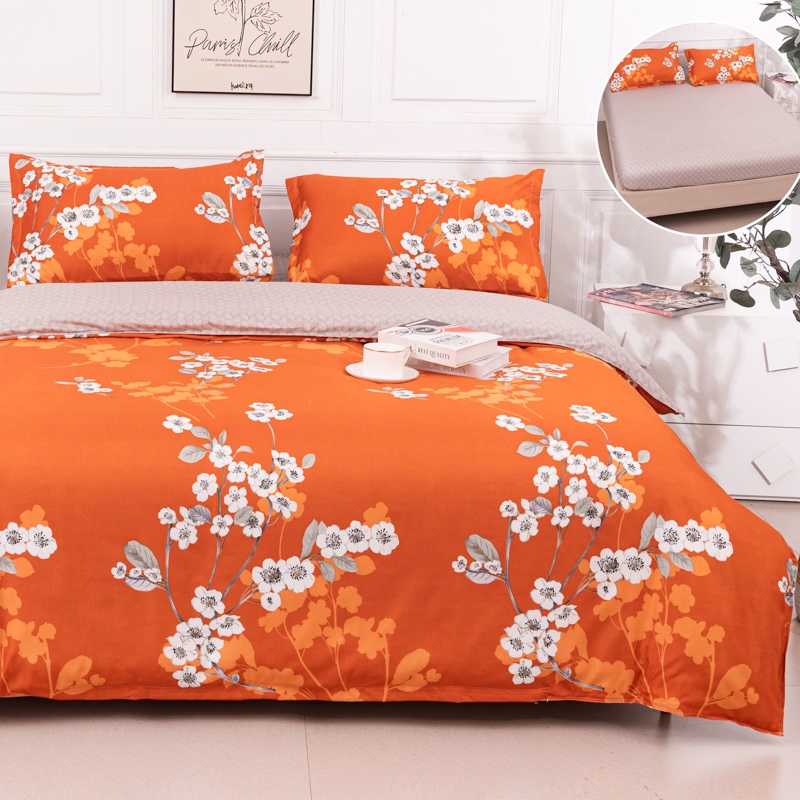 (OFERTA 3 la 219 Lei) Lenjerie pat dublu cu Elastic (160x200cm si 180x200cm), bumbac satinat, Portocaliu, Flori