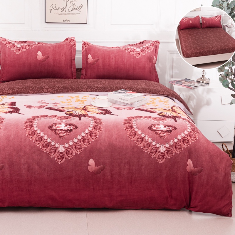 (OFERTA 3 la 219 Lei) Lenjerie pat dublu cu Elastic (160x200cm si 180x200cm), bumbac satinat, Grena, Inimioare