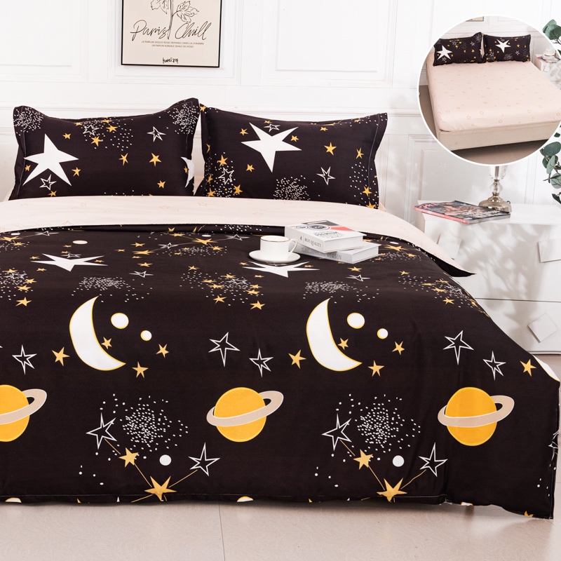 (OFERTA 3 la 219 Lei) Lenjerie pat dublu cu Elastic (160x200cm si 180x200cm), bumbac satinat, Negru, Corpuri Ceresti