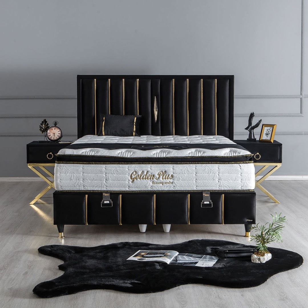 Pat Tapitat cu Catifea si Insertii Aurii, Antracit - model Golden + Saltea cu Topper ExtraLux Golden Exclusive Series