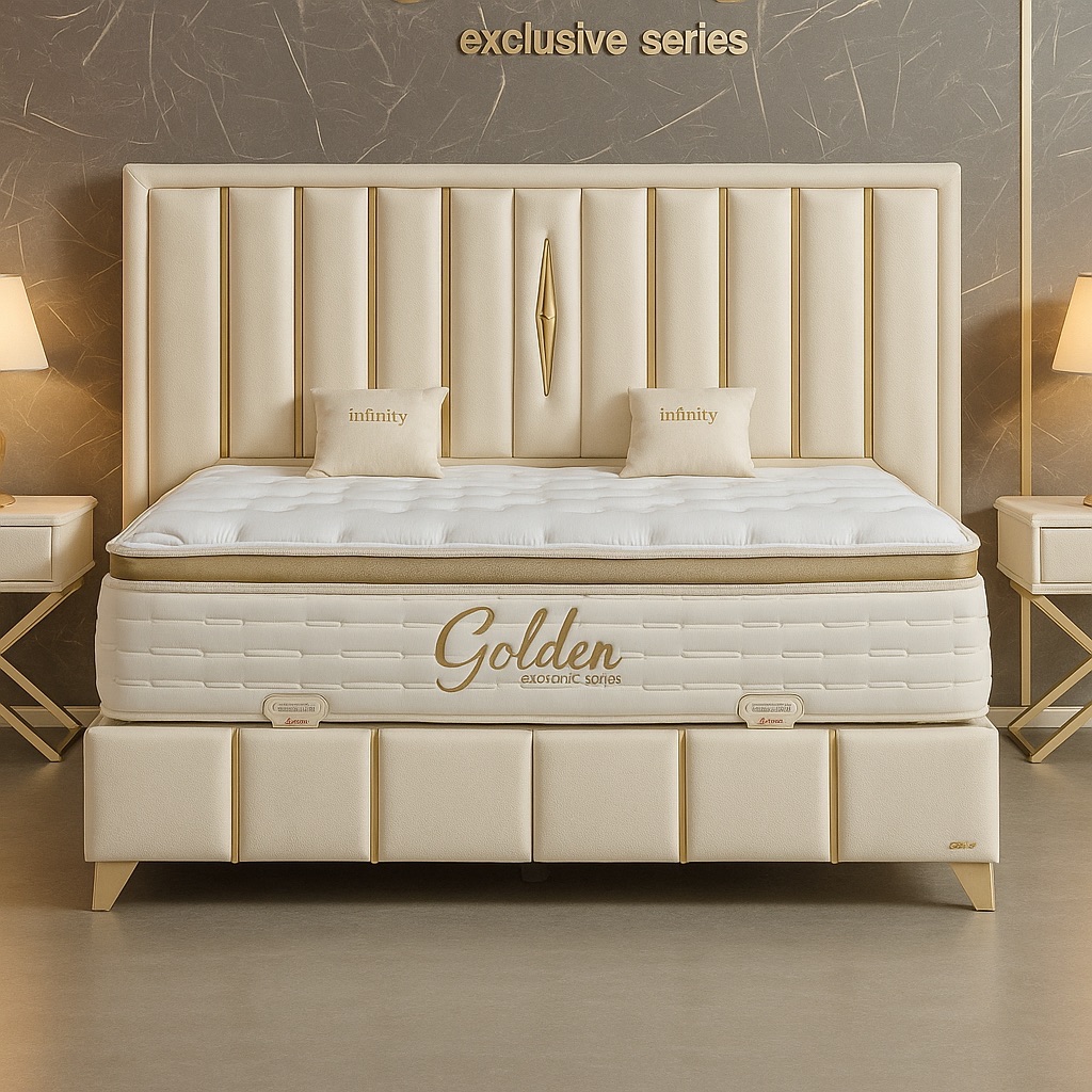 Pat Tapitat cu Catifea si Insertii Aurii, Crem - model Golden + Saltea cu Topper ExtraLux Golden Exclusive Series