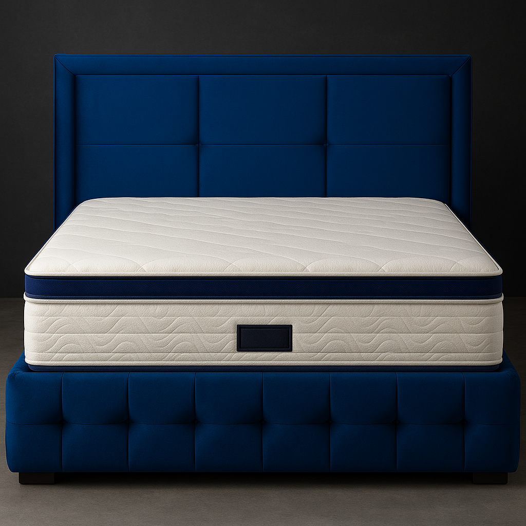 Pat Tapitat cu Catifea, Albastru Royal - model Azur + Saltea Deluxe cu Topper Incorporat