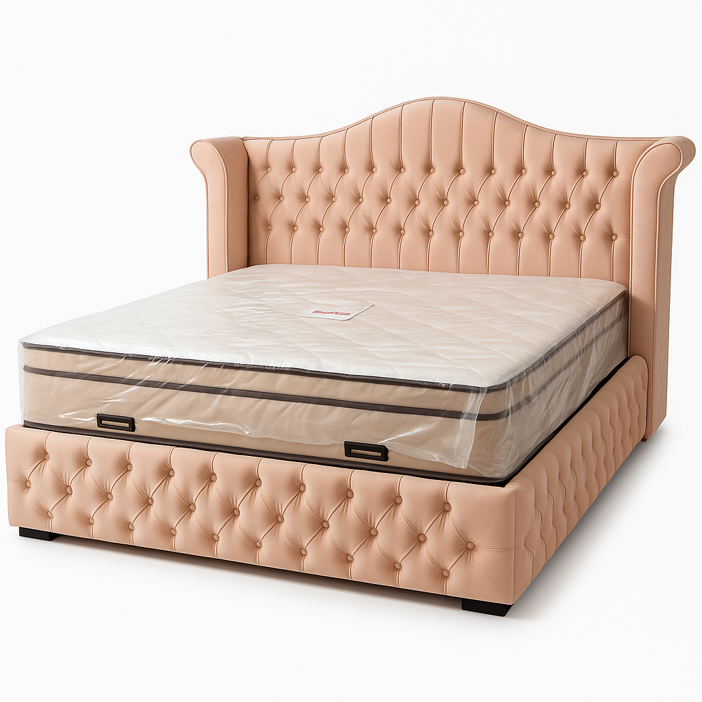 Pat Tapitat cu Catifea, Model Chesterfield, Somon, Model Royal + Saltea Deluxe Ortopedic cu Topper