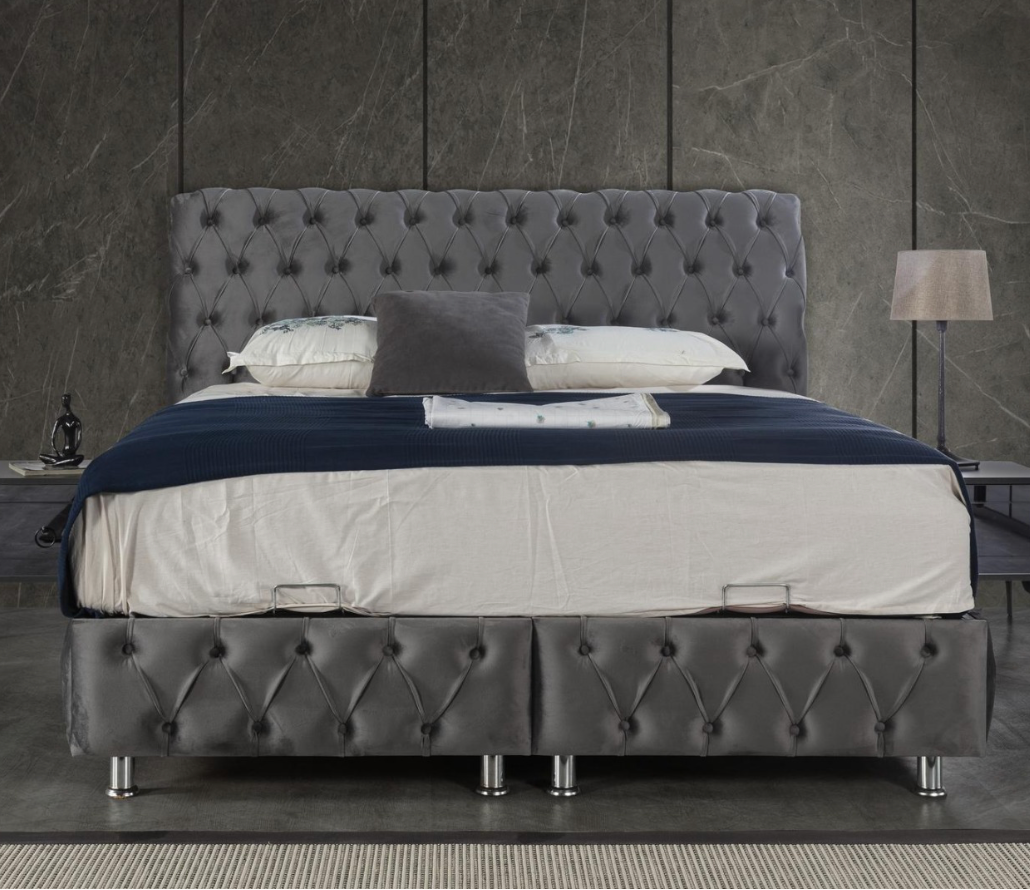 Pat Tapitat in stil Chesterfield cu Nasturi Imbracati, din Catifea, Gri - model Roma + Saltea cu Topper Deluxe Frozen