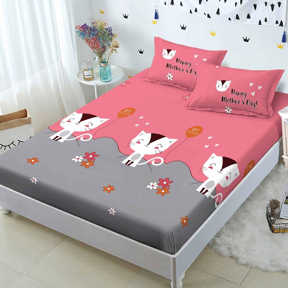 Cearsaf cu elastic, FINET, 180x200cm, 2 fete de perne 50x70cm, Gri, Roz, pisicute