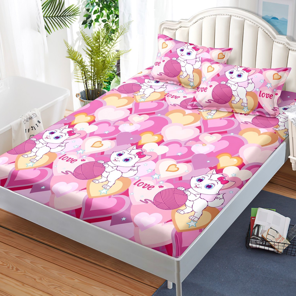 Cearsaf cu elastic, FINET, 180x200cm, 2 fete de perne 50x70cm, Roz, pisicute