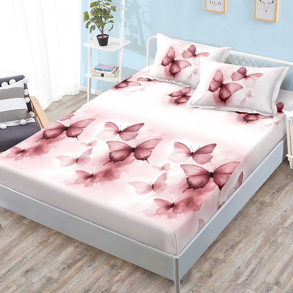 Cearsaf cu elastic, FINET, 180x200cm, 2 fete de perne 50x70cm, Roz, fluturi