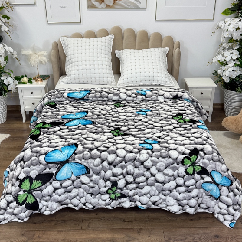 Patura pufoasa cocolino 200x230cm, 240g/mp, Gri, Fluturi Colorati pe Pietre