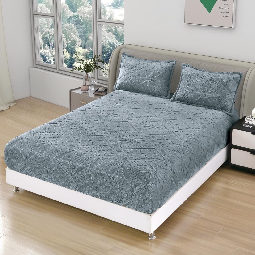 Cearsaf cu elastic COCOLINO, 180x200x25cm, 2 fete de perne - 50x70cm, Model Traditional 3D, Gri mediu