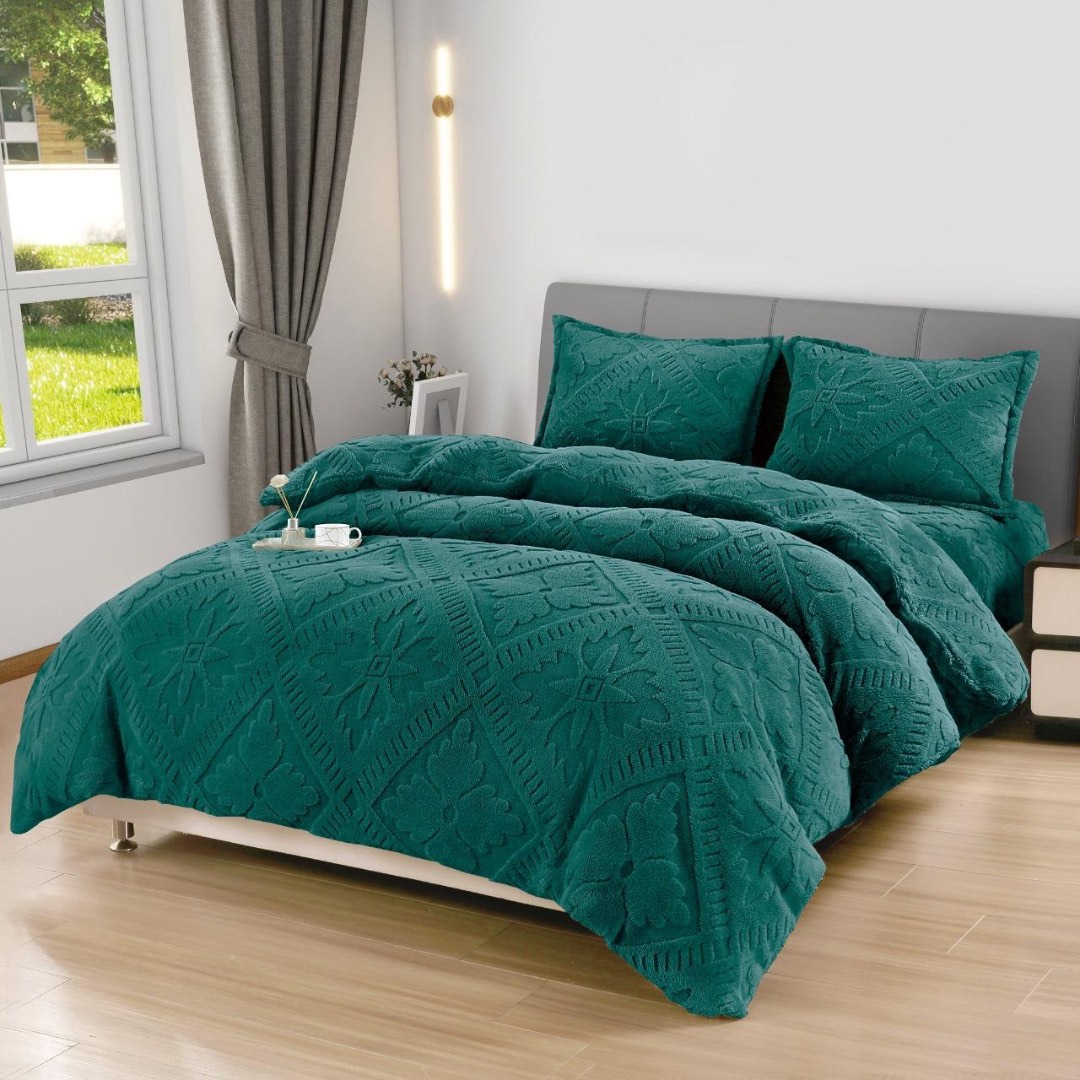 Lenjerie de Pat Dublu, CoCoLiNo Ultra Pufoasa, 4 piese, Cearsaf cu ELASTIC, Model Traditional 3D, Verde