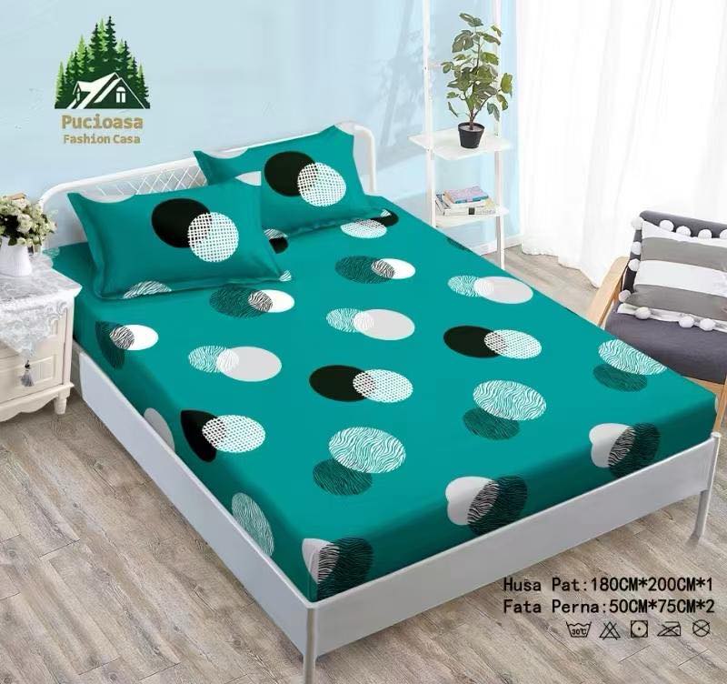 Cearsaf cu Elastic Cocolino 180x200cm si 2 fete de perna 50x70cm, Turquoise, Buline