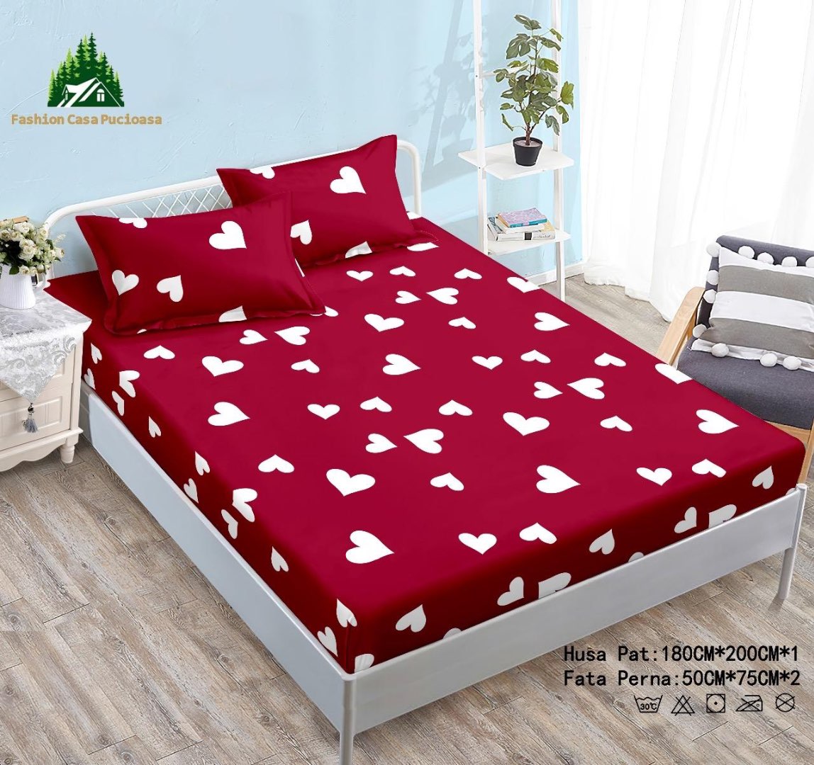 Cearsaf cu Elastic Cocolino 180x200cm si 2 fete de perna 50x70cm, Rosu, Inimioare Albe