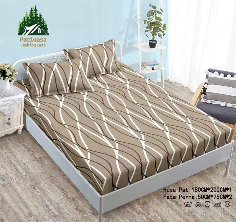 Cearsaf cu Elastic Cocolino 180x200cm si 2 fete de perna 50x70cm, Bej, Dungi