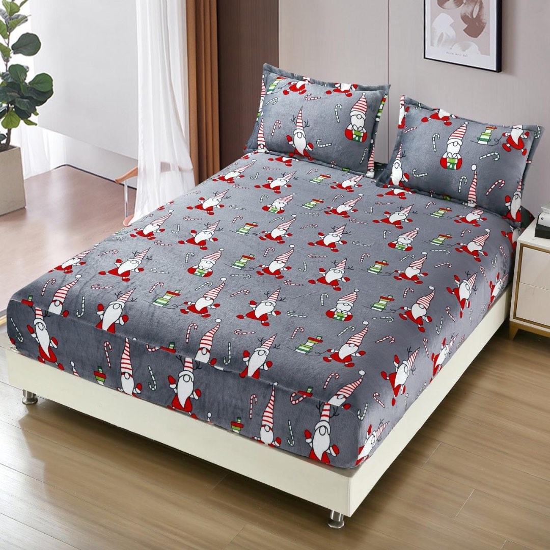 Cearsaf cu Elastic, CoCoLiNo, 180x200cm si 2 fete de perna 50x70cm, Gri, Gnomi
