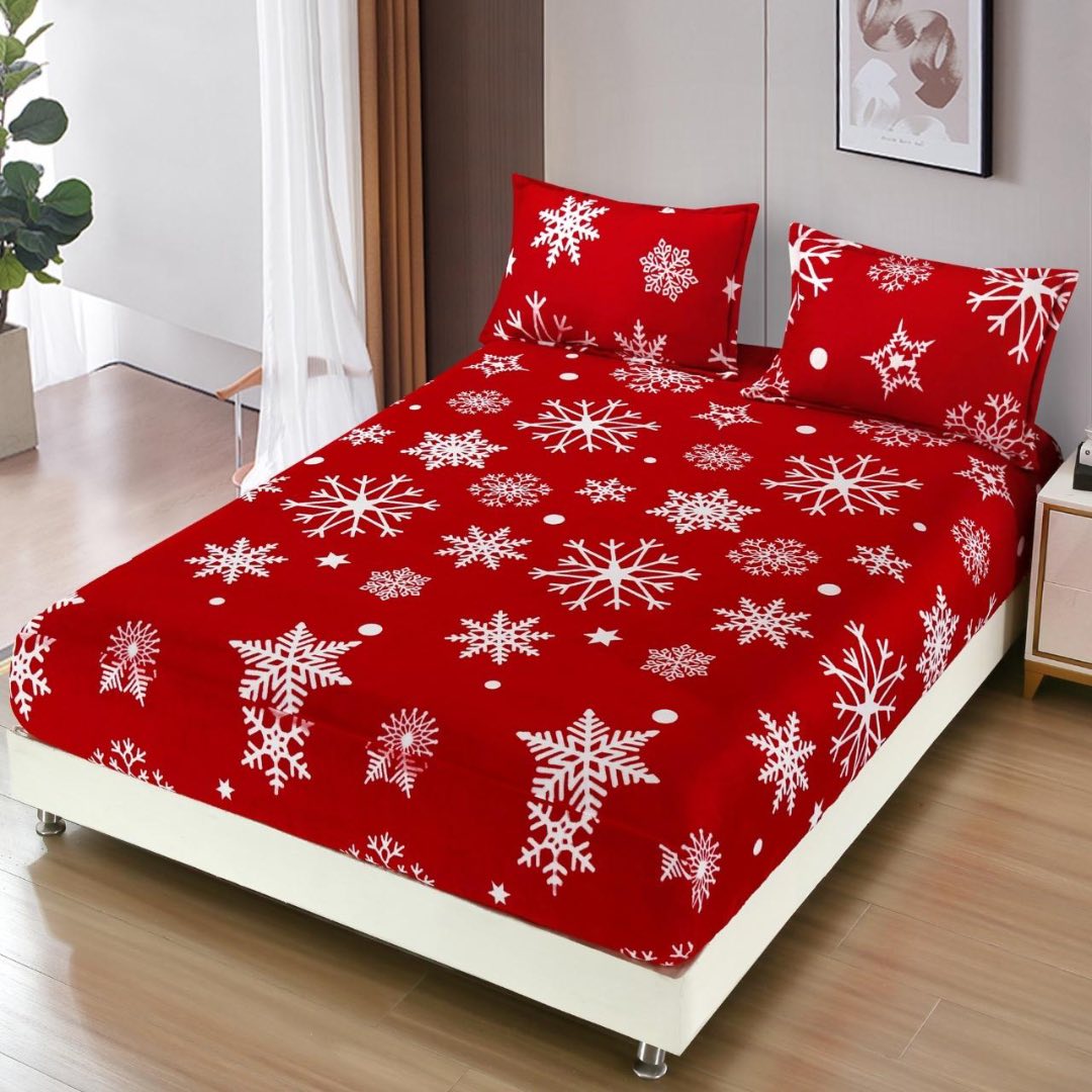 Cearsaf cu Elastic, CoCoLiNo, 180x200cm si 2 fete de perna 50x70cm, Rosu, Fulgi de Nea