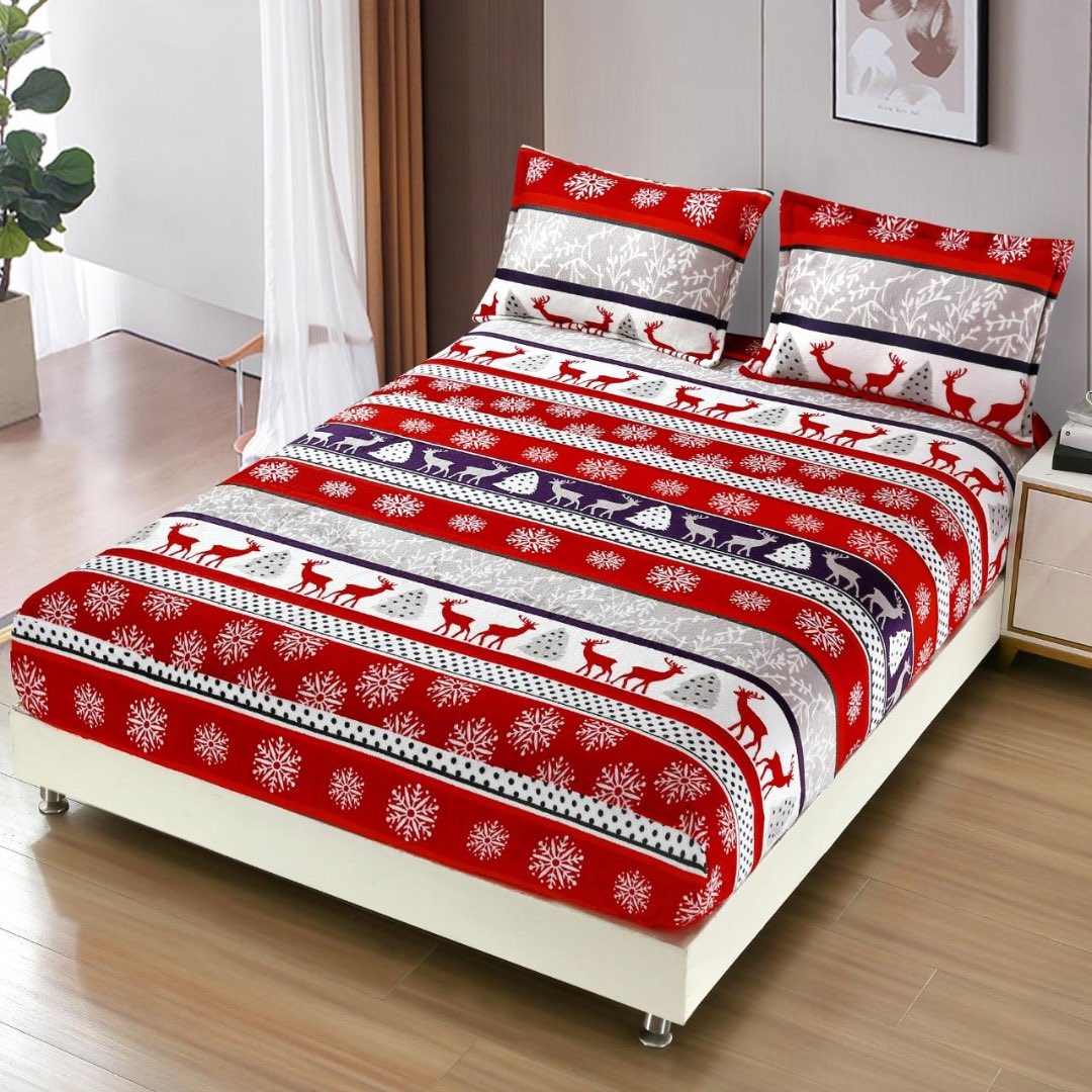 Cearsaf cu Elastic, CoCoLiNo, 180x200cm si 2 fete de perna 50x70cm, Rosu, Alb, Reni, Dungi