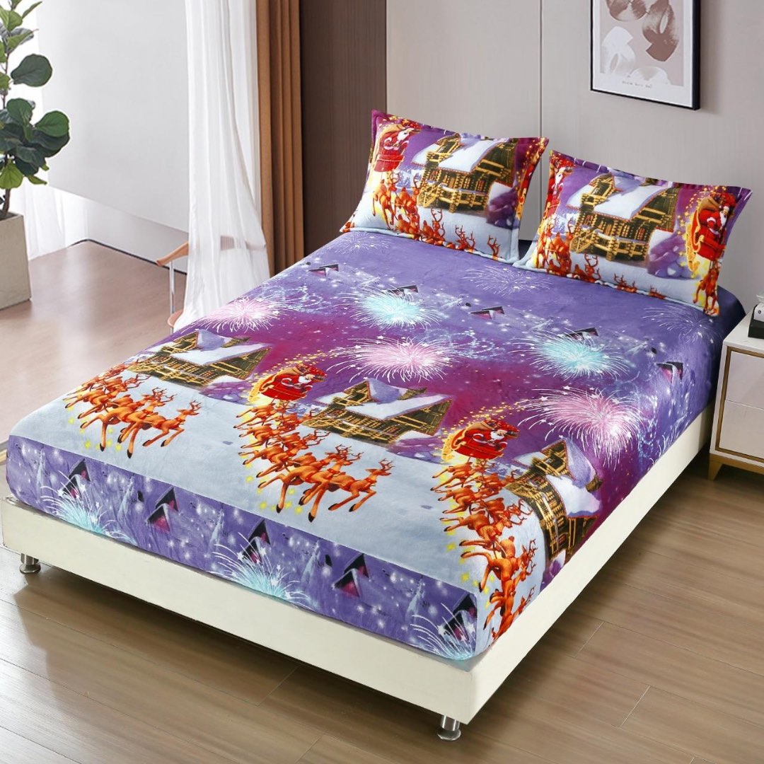 Cearsaf cu Elastic, CoCoLiNo, 180x200cm si 2 fete de perna 50x70cm, Mov, Sania luii Mos Craciun