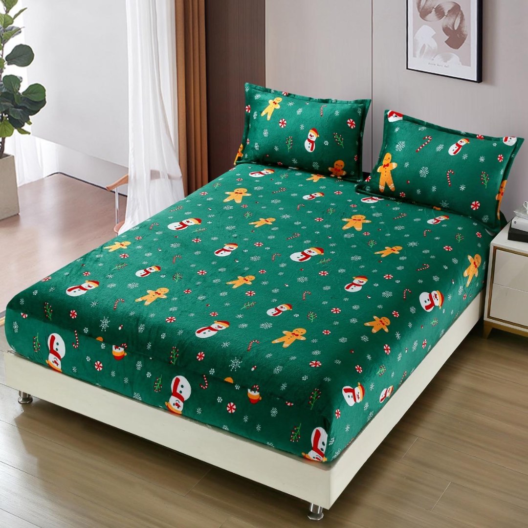Cearsaf cu Elastic, CoCoLiNo, 180x200cm si 2 fete de perna 50x70cm, Verde, Decoratiuni de Craciun