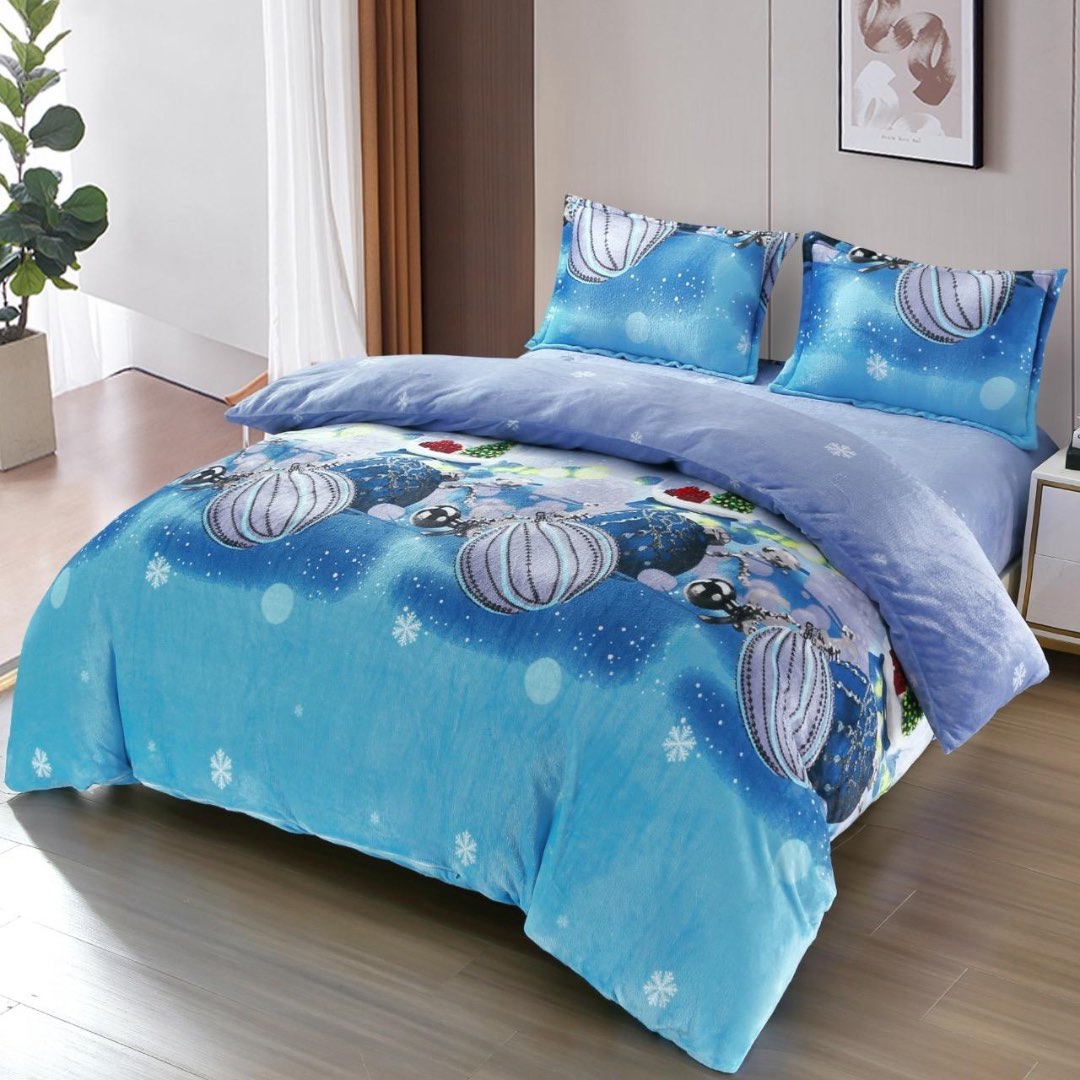 Lenjerie pat dublu, Super Pufoasa COCOLINO, cu ELASTIC, 4 piese, Albastru, Globulete