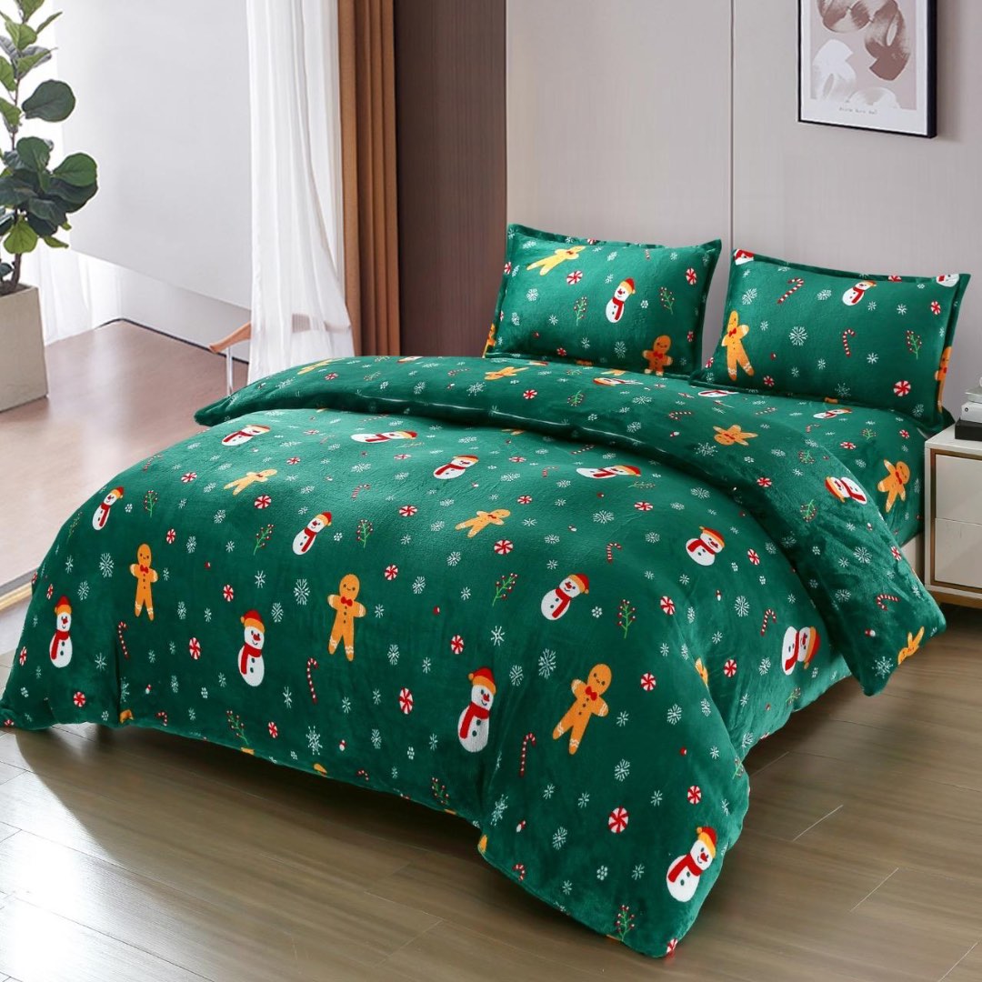 Lenjerie pat dublu, Super Pufoasa COCOLINO, cu ELASTIC, 4 piese, Verde, Decoratiuni