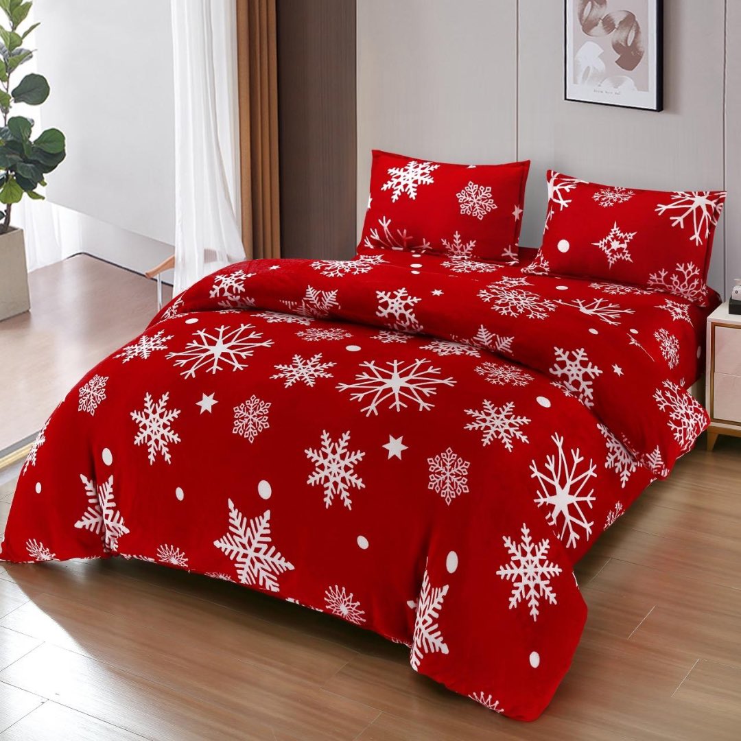 Lenjerie pat dublu, Super Pufoasa COCOLINO, cu ELASTIC, 4 piese, Rosu, Fulgi de Nea