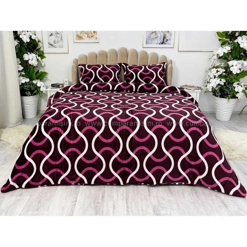 Lenjerie pentru Pat Dublu, Cocolino Premium, 4 Piese – Plusata, Groasa, si Calduroasa, Ideala pentru Iarna –  Confort Maxim, Antisifonare, Mov, Dungi