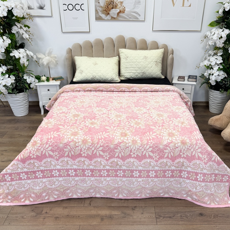 Patura pufoasa cocolino 200x230cm, 240g/mp, Roz, Alb, Flori