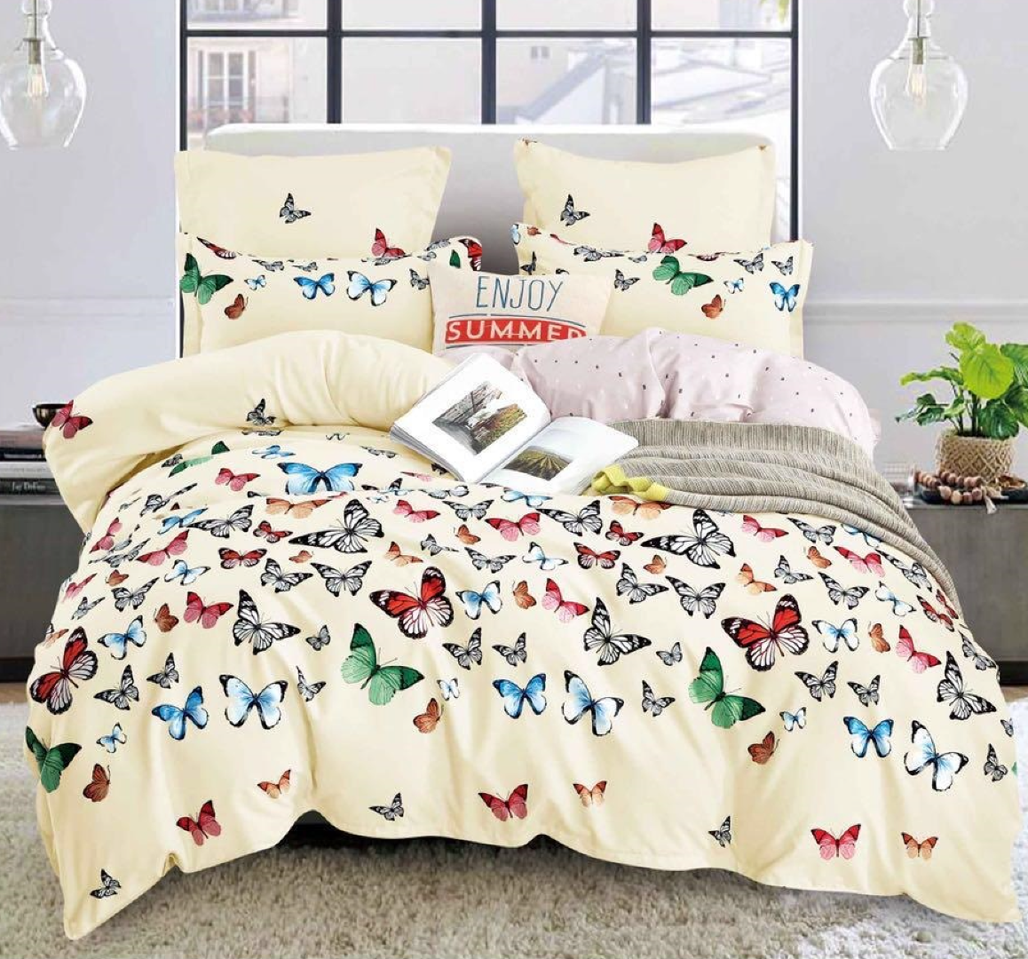 Lenjerie pat dublu, Super Pufoasa COCOLINO,cu ELASTIC, 4 piese, Crem, Fluturi