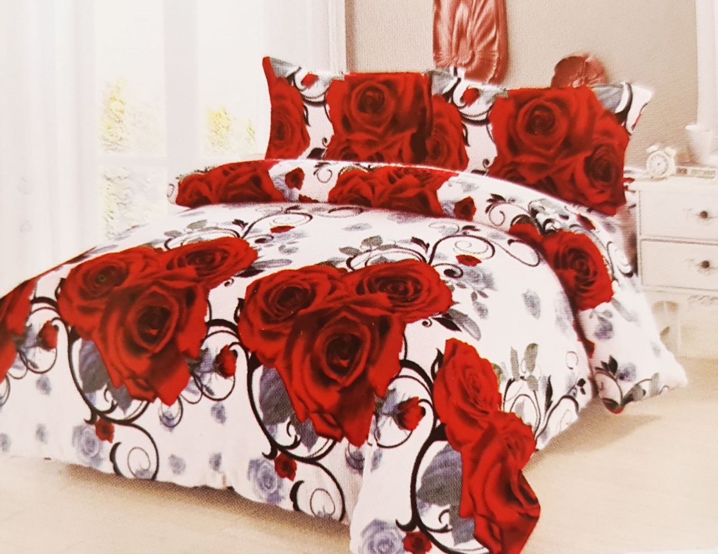Lenjerie pat dublu, Super Pufoasa COCOLINO,cu ELASTIC, 4 piese, Alb, Trandafiri Rosii