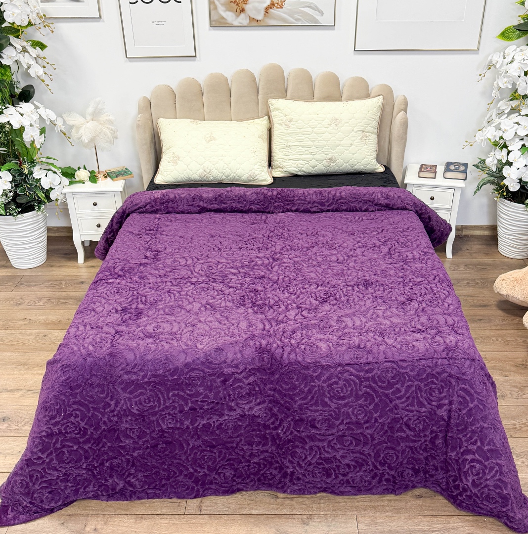 Patura Premium, Blanita Artificiala Fina, 200x230cm, Mov, Roses