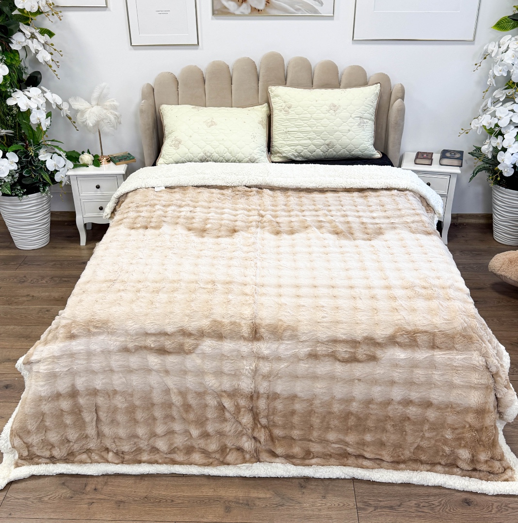 Patura Cocolino cu Blanita Sherpa 200x230cm, model cu Blanita Wave, Alb, Bej