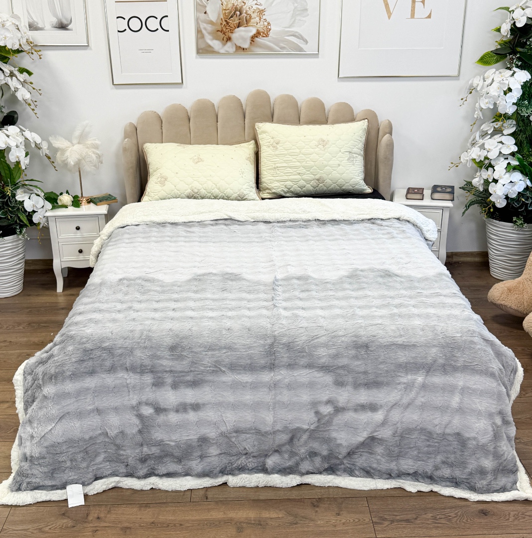 Patura Cocolino cu Blanita Sherpa 200x230cm, model cu Blanita Wave, Alb, Gri
