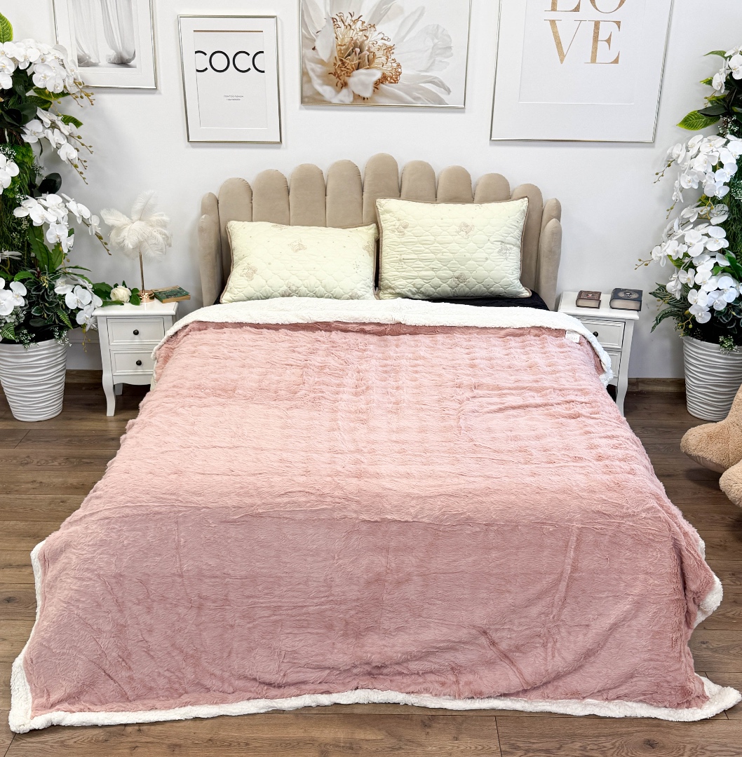 Patura Cocolino cu Blanita Sherpa 200x230cm, model cu Blanita Wave, Roz