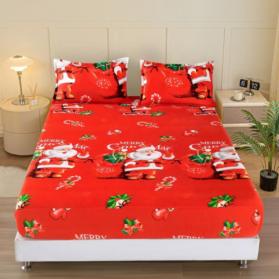 Cearsaf cu Elastic Cocolino 180x200cm si 2 fete de perna 50x70cm, Rosu, Mos Craciun, Merry Christmas