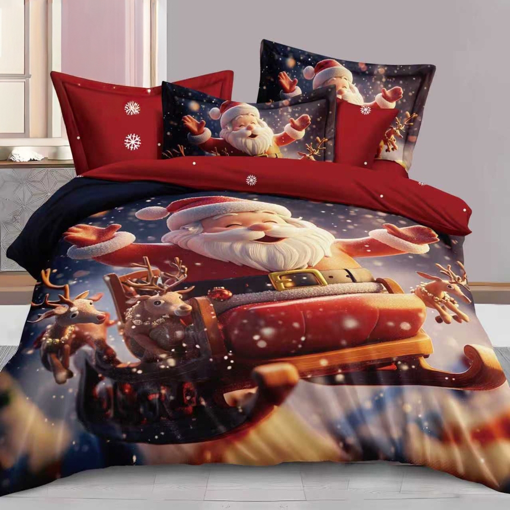 Lenjerie pat dublu,  FINET, Digital Print, Craciun, Gri, Rosu, Multicolor, Mos Craciun cu sania