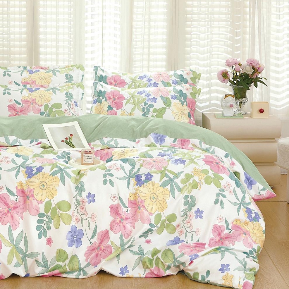 Lenjerie pat dublu (160x200cm, 180x200cm),  FINET, 6 piese, cu ELASTIC, Alb, Verde, floricele