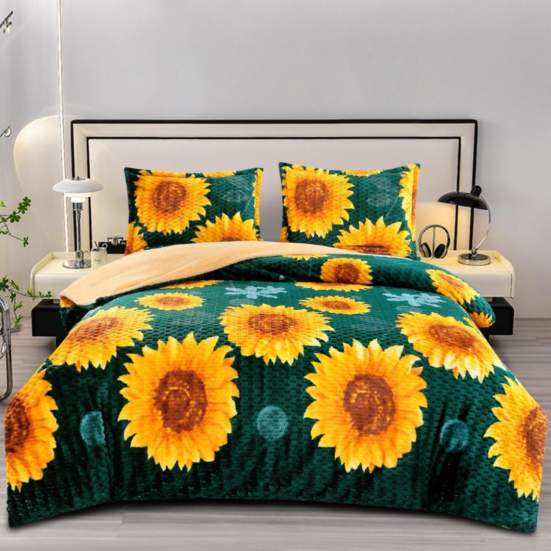 Lenjerie pat dublu, Super Pufoasa COCOLINO Creponata, 4 piese, Verde, Floarea Soarelui