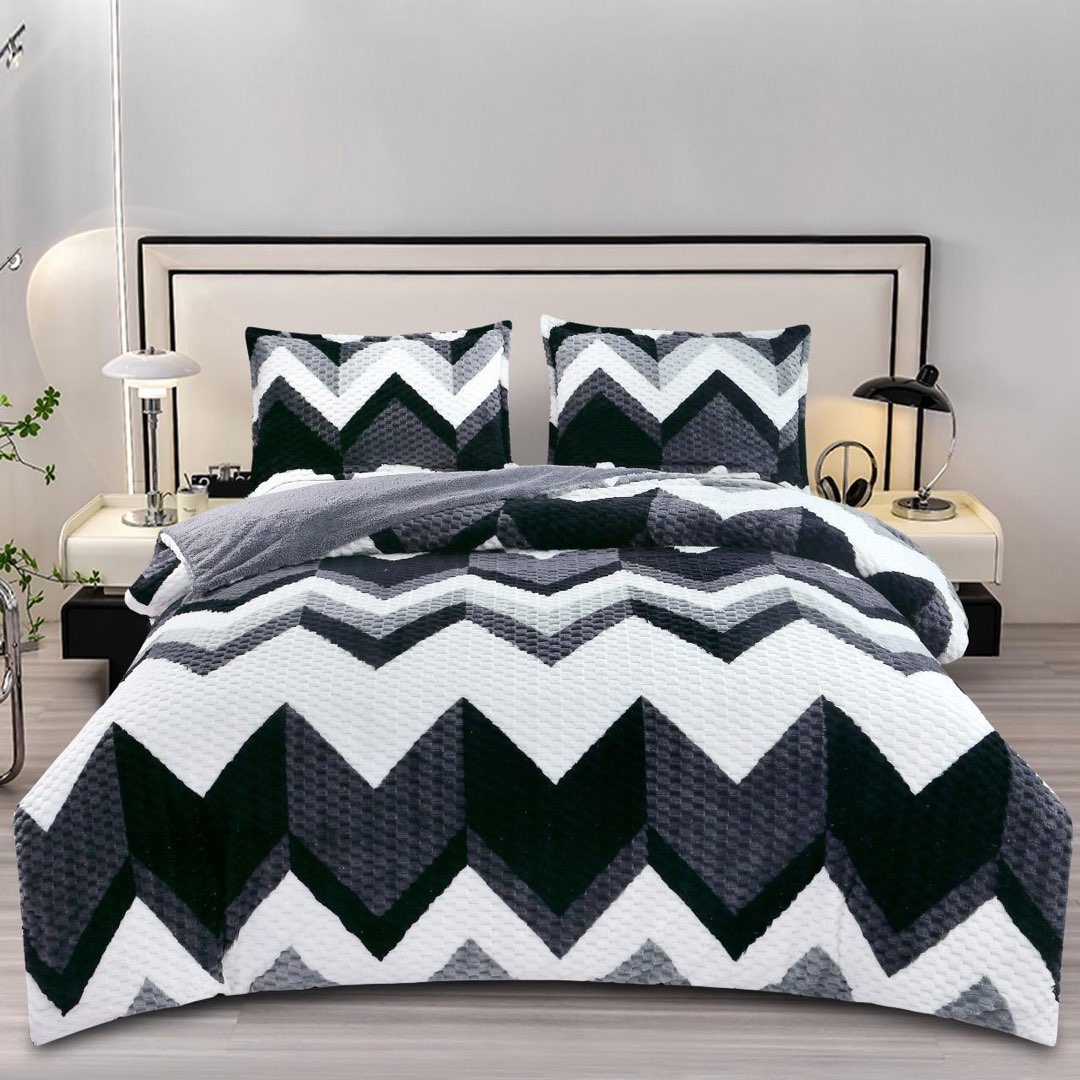 Lenjerie pat dublu, Super Pufoasa COCOLINO Creponata, 4 piese, Alb-Negru, Zig-Zag